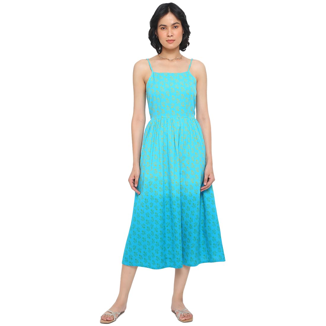 Fabindia WomenS Printed Blue Cotton Square Neck Midi Dress 209991401