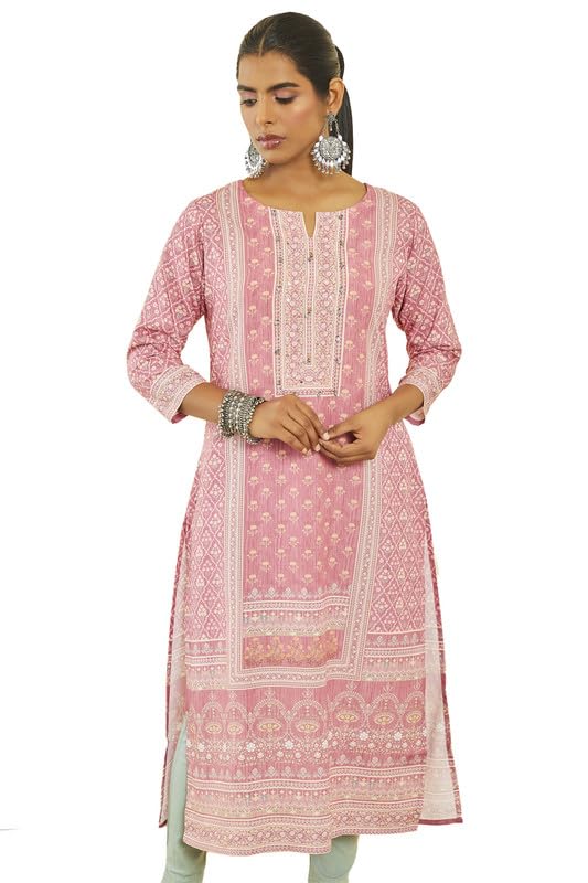 Soch Womens Pink Muslin Botanical Print Kurta with Beadwork Details