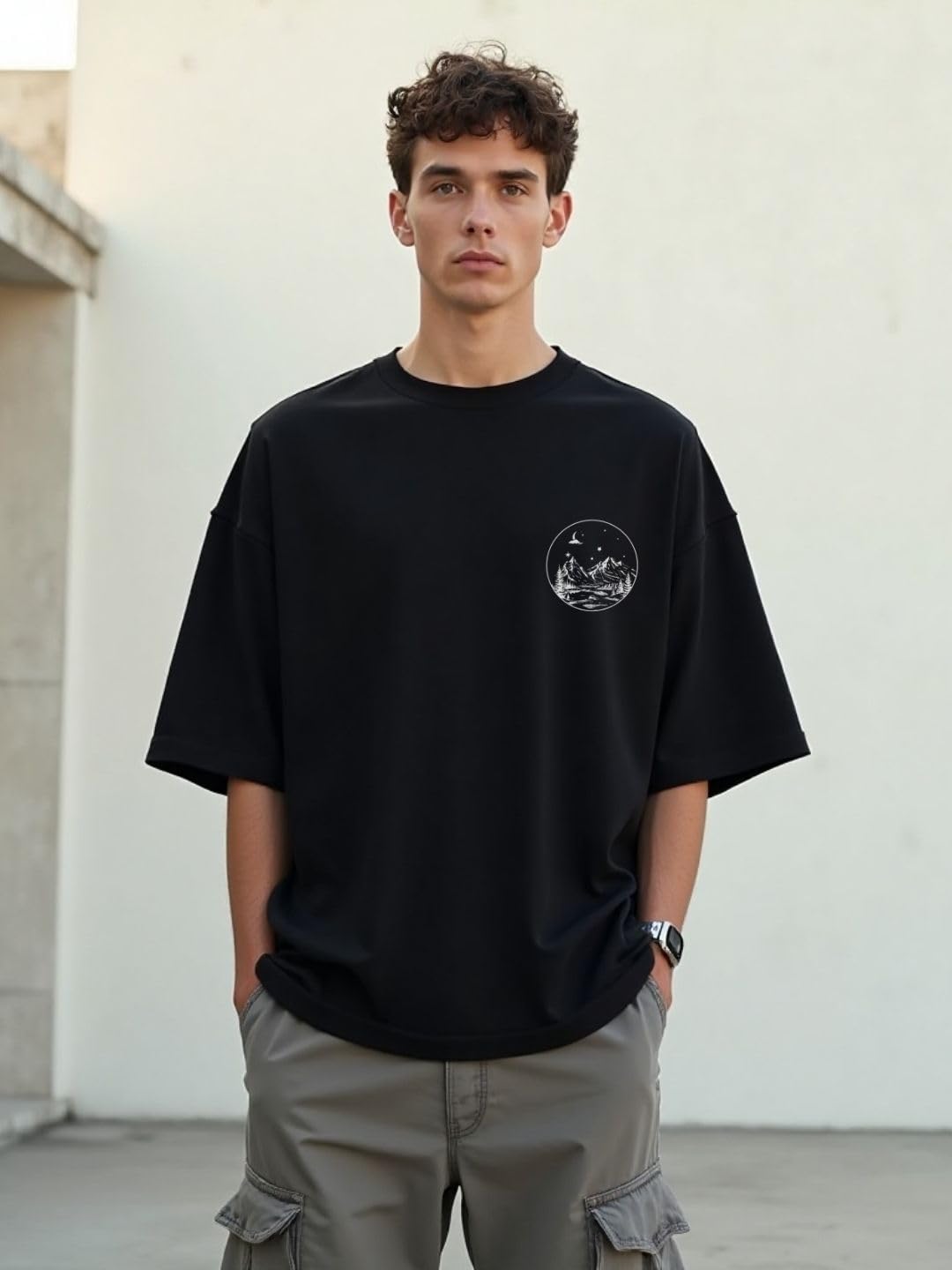 Nobero MenS Oversized Fit T-Shirt (1M-Twrt-C0910-Og_Black