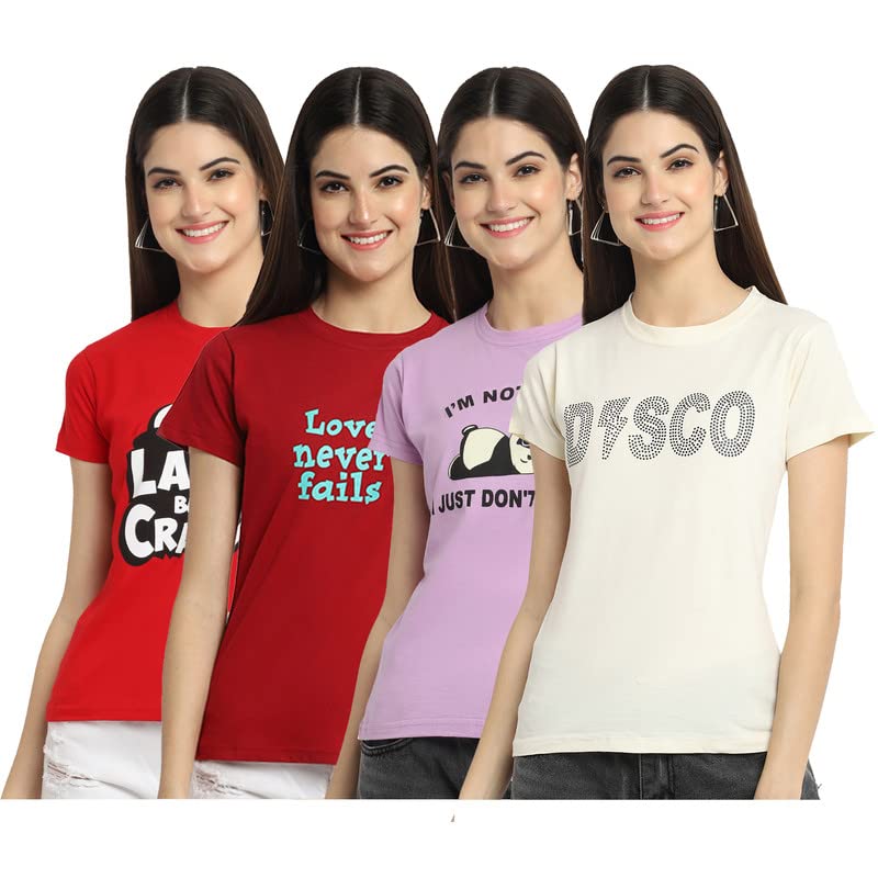 Preneum Womens Cotton Regular Fit Latest Graphic Stylish Printed Short Sleeves Casual T-Shirt (Pack 4), Red & Red & Purple & Of
