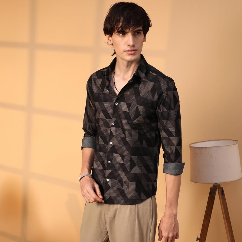 Campus Sutra Mens Midnight Black Geometric Seersucker Shirt for Casual Wear | Spread Collar | Long Sleeve | Button Closure | Sh
