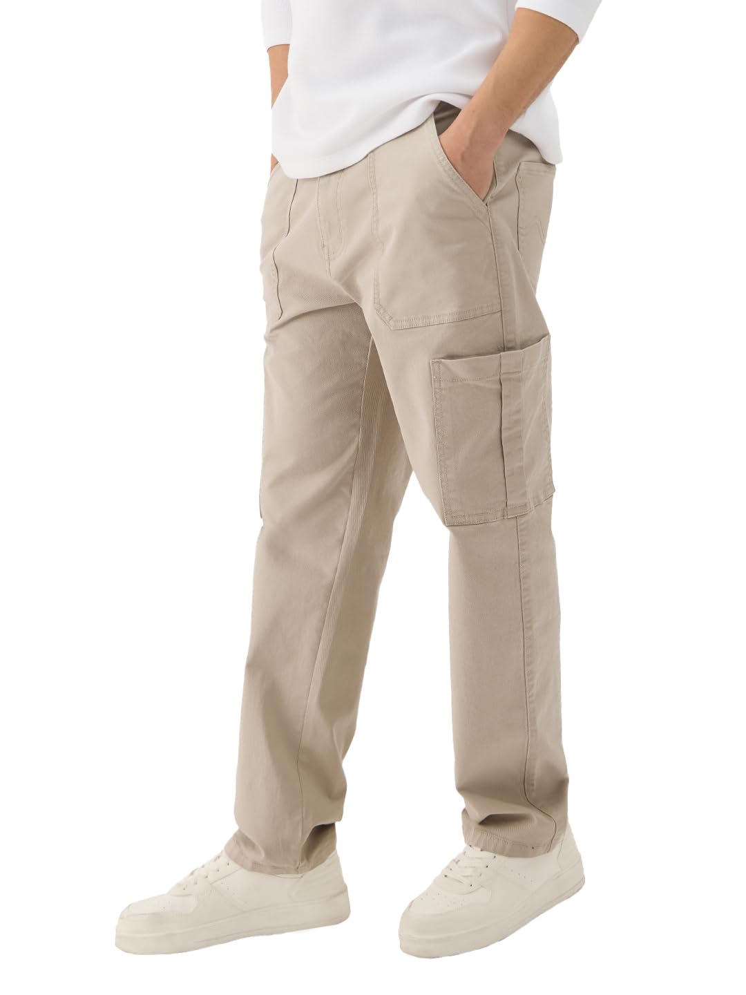 The Souled Store Solids: Light Beige Men and Boys Cotton Blend Straight Fit Cargo Jeans Jeans for Men Regular Fit Mens Trousers