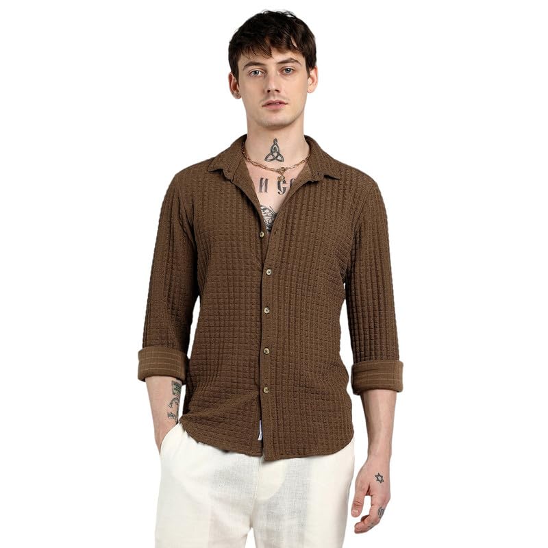 Campus Sutra Mens Chocolate Brown Cube-Textured Shirt for Casual Wear | Spread Collar | Long Sleeve | Button Closure | Shirt Cr