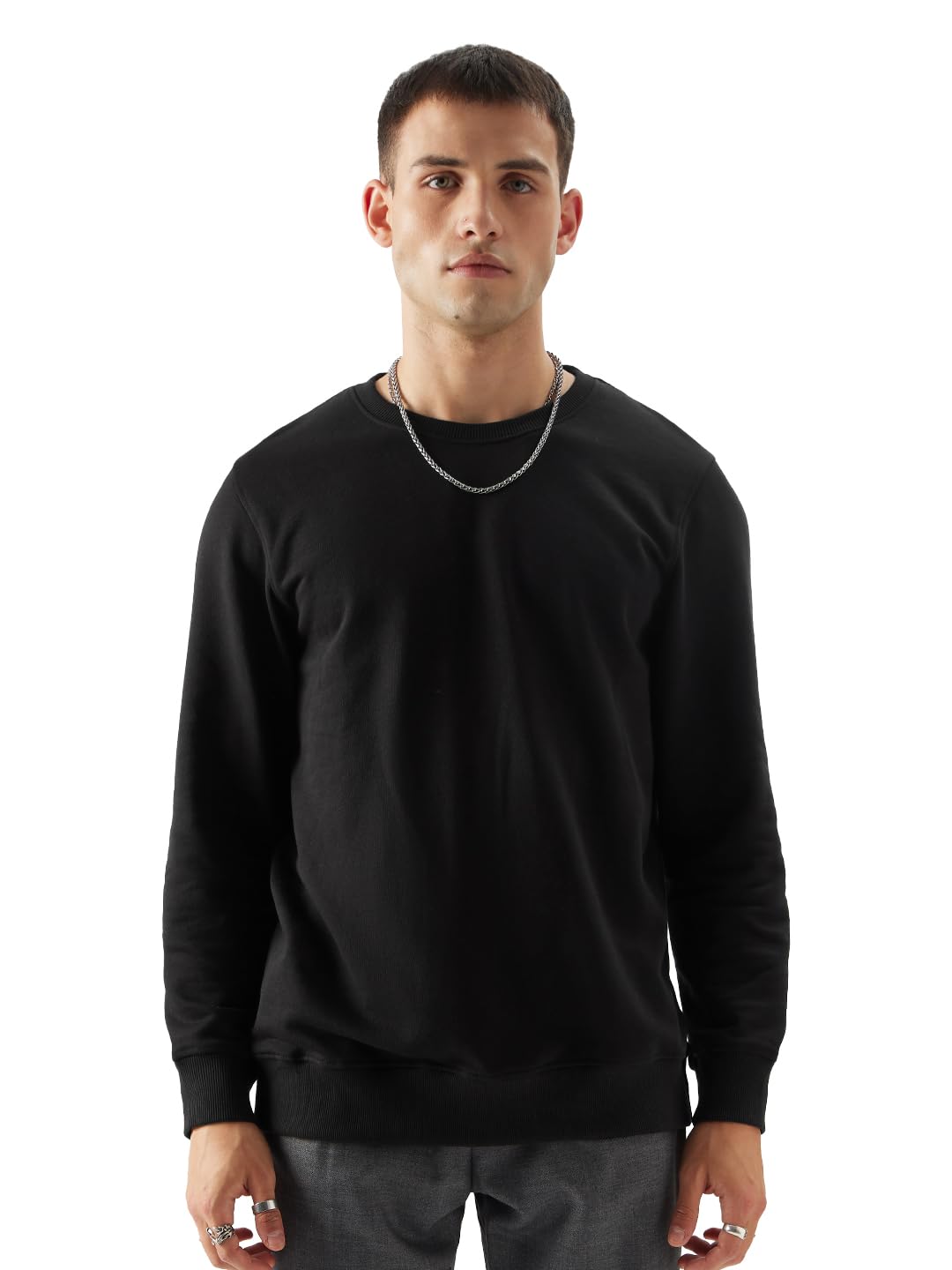 The Souled Store Black Mens Regular fit Full Sleeve Solids Cotton and Polyester Sweatshirts Shirts Casual Button-Down Half Sleev