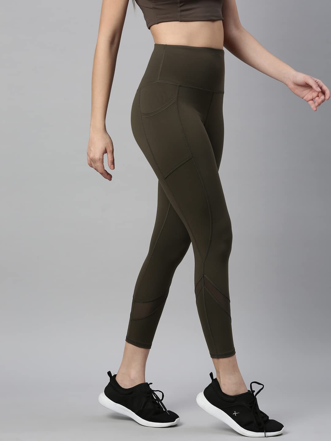 Enamor Athleisure Leggings for women with Pockets with Adjustable High waist used as track pants yoga pants tights (A601_Olive N