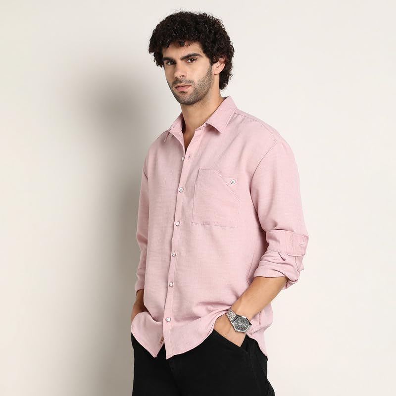 Campus Sutra Mens Rose Pink Modular Solid Oversized Shirt for Casual Wear | Spread Collar | Long Cuffed Sleeves | Button Closur