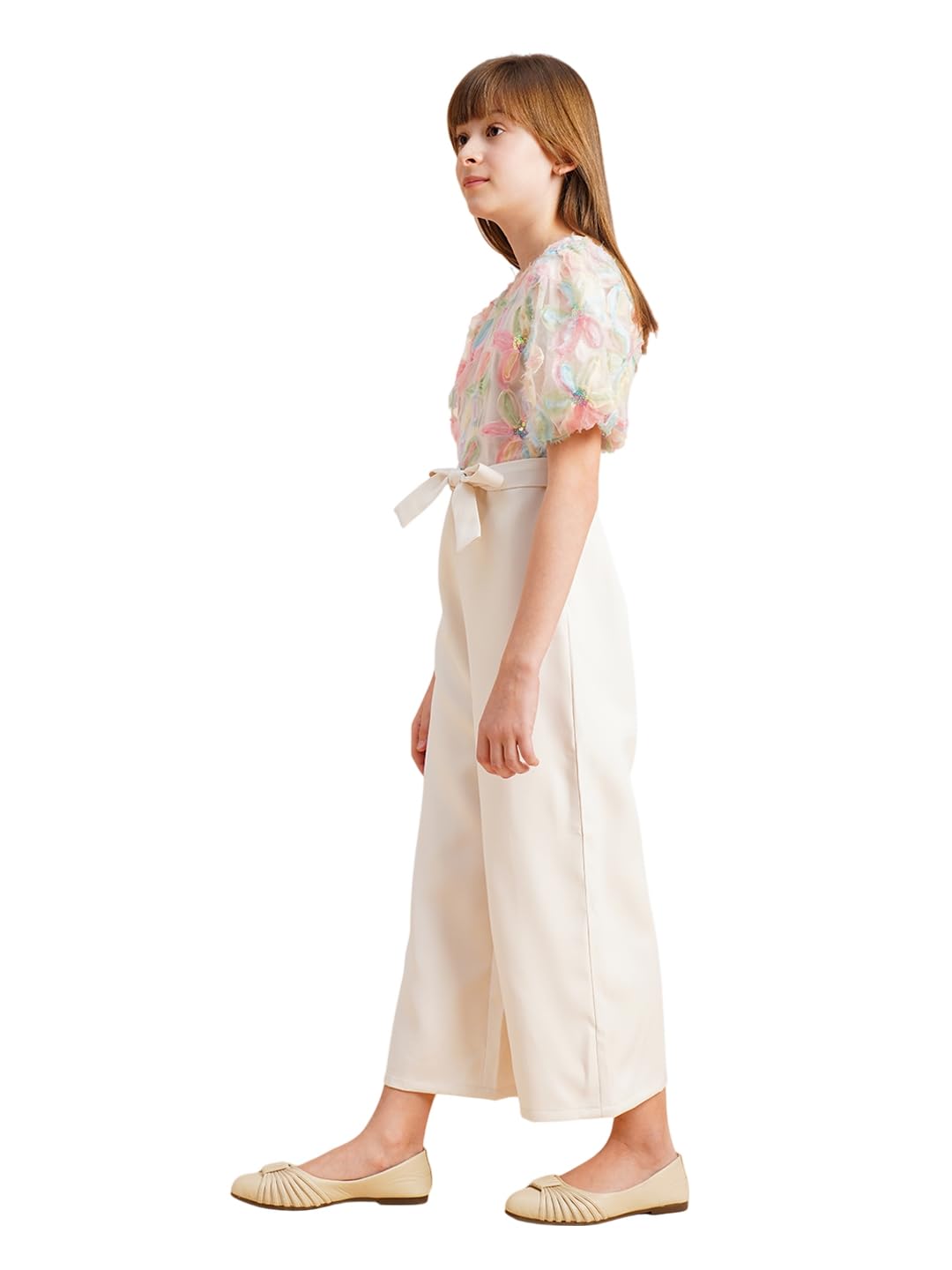 Vero Moda Girl Textured Beige Regular Jumpsuit With Belt