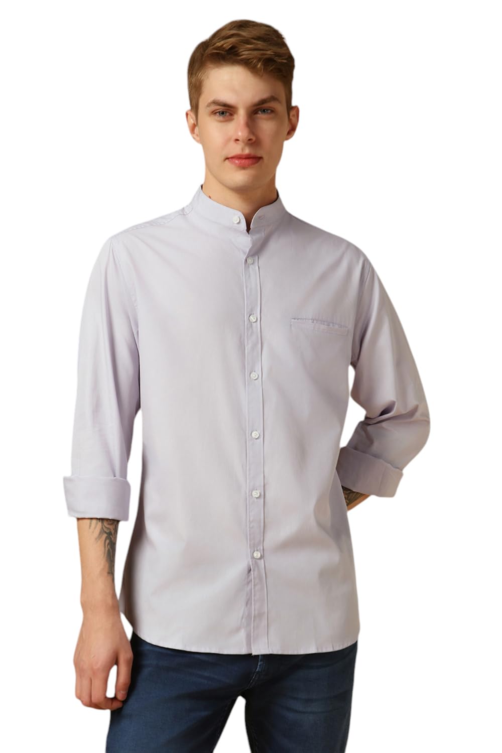 Dennis Lingo MenS Lilac Full Sleeve Mandarin Collar Solid Regular Fit Casual Shirt