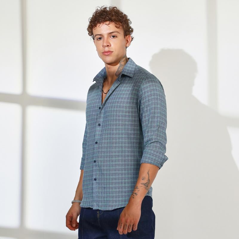 Campus Sutra Mens ICY Blue Micro-Tartan Plaid Shirt | Casual Wear | Spread Collar | Long Sleeve | Button Closure | Shirt Crafte