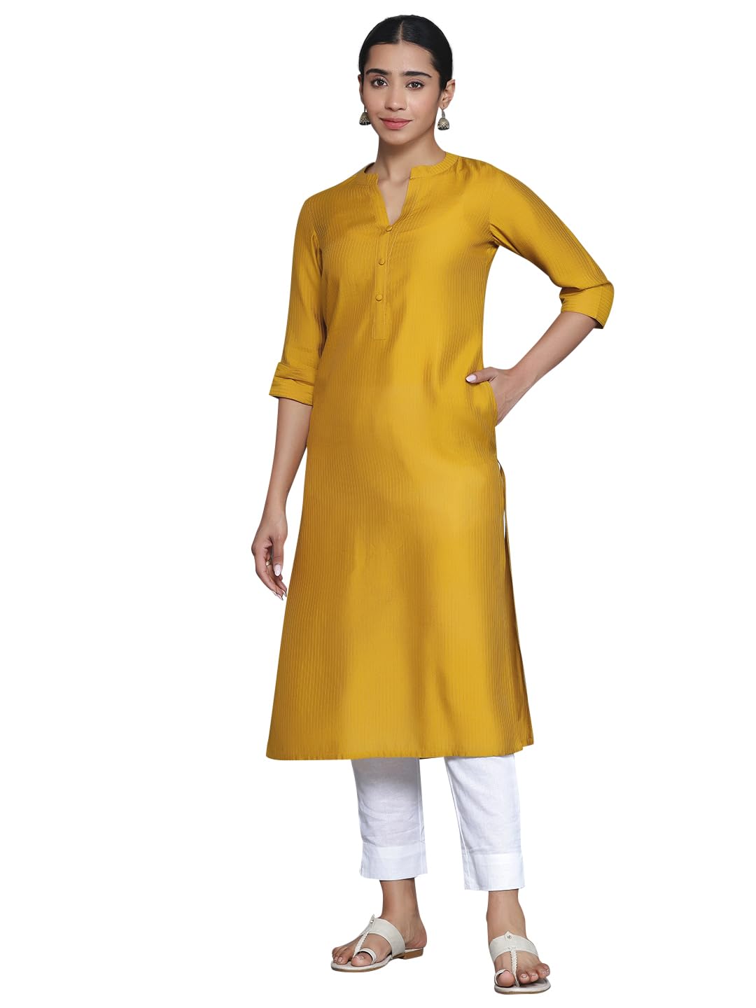 Libas WomenS Silk Woven Design Straight Kurta (26880_Mustard