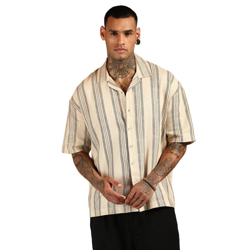 Campus Sutra Mens Saltbox Beige Woven Striped Oversized Shirt for Casual Wear | Cuban Collar | Short Sleeve | Button Closure |