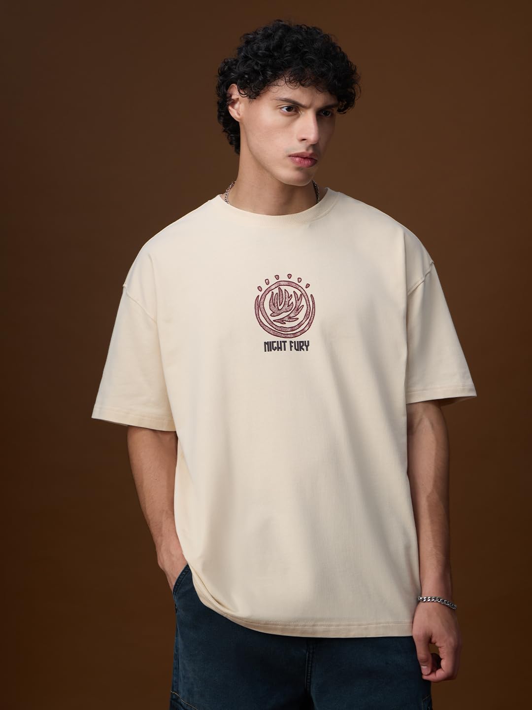The Souled Store Disney: Night Fury Men and Boys Short Sleeves Round Neck Beige Graphic Printed Cotton Oversized T-Shirts