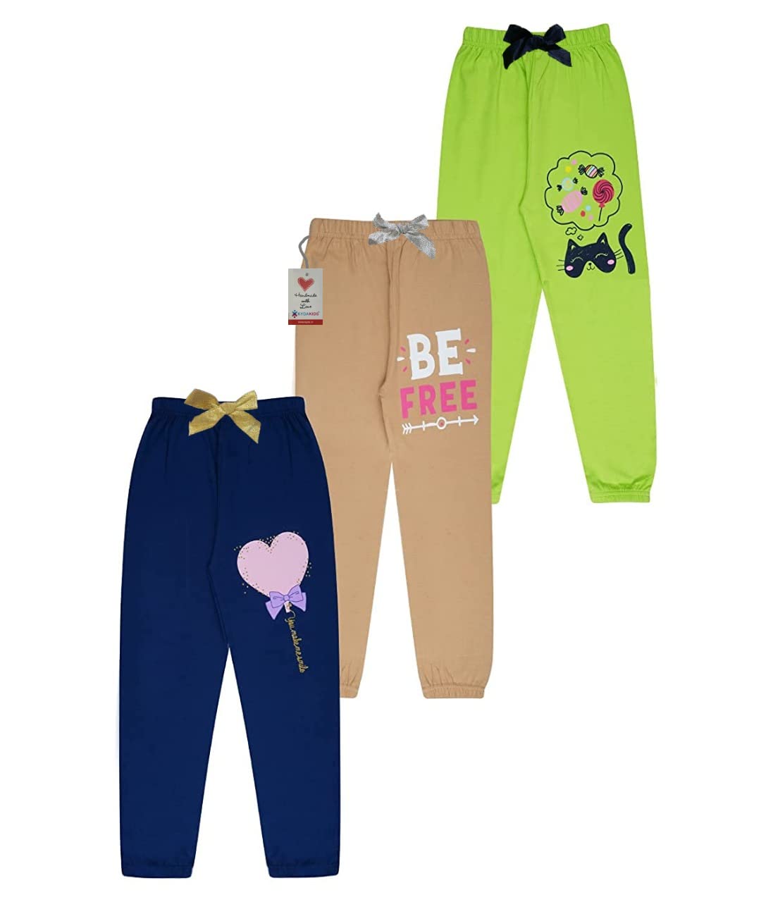 Kyda Kids 100% Girls Cotton Printed Track Pants (Pack Of 3) Multicolour