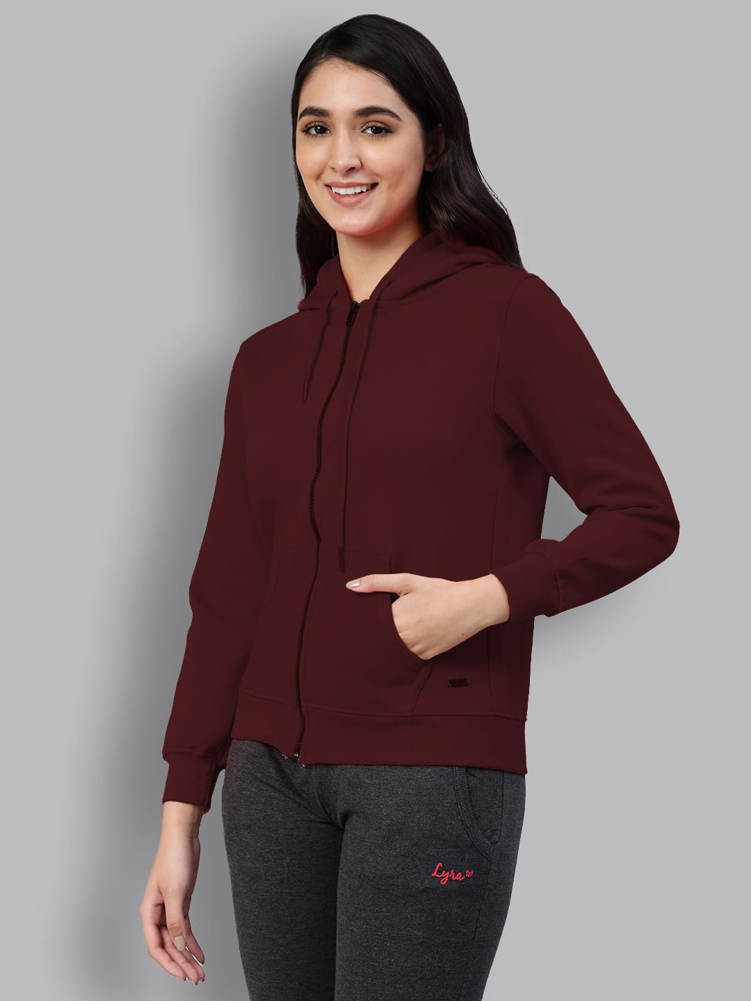 Lyra Women Zipper Hooded Sweatshirt Burgundy