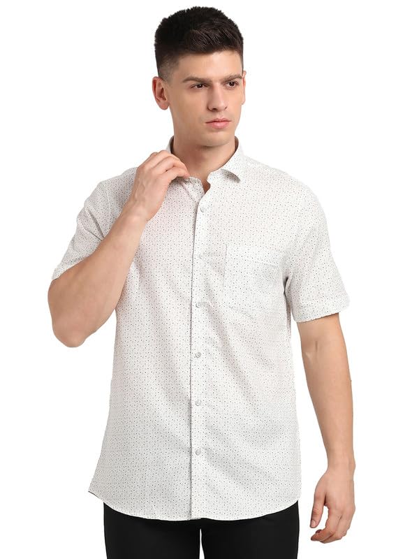 Turtle Men 100% Cotton Silm Fit Off White Printed Half Sleeve Formal Shirt