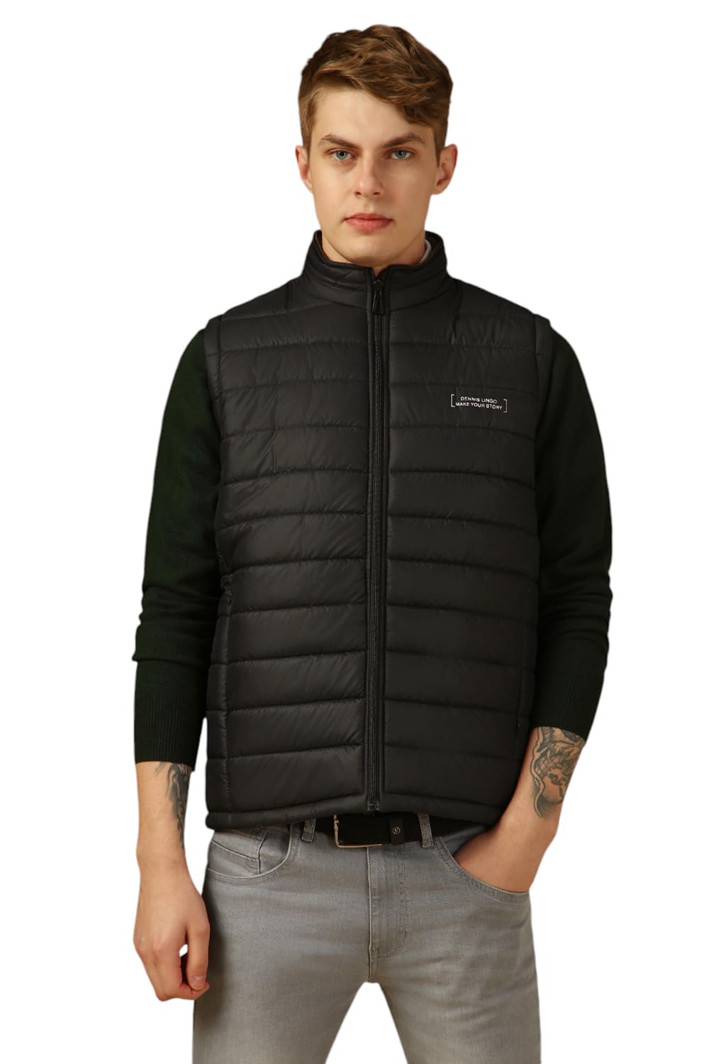 Dennis Lingo Men Black Solid Regular Fit Sleeveless Mock Collar Padded Jacket