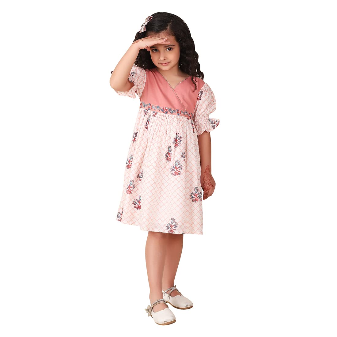 Fabindia GirlS Cotton Fit And Flare Knee-Length Dress (1028745Coral_Coral