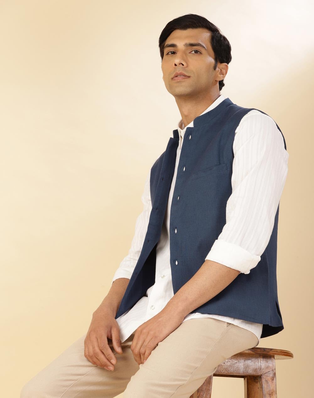 Fabindia Blue Cotton Blend Slim Fit Jacket Nehru