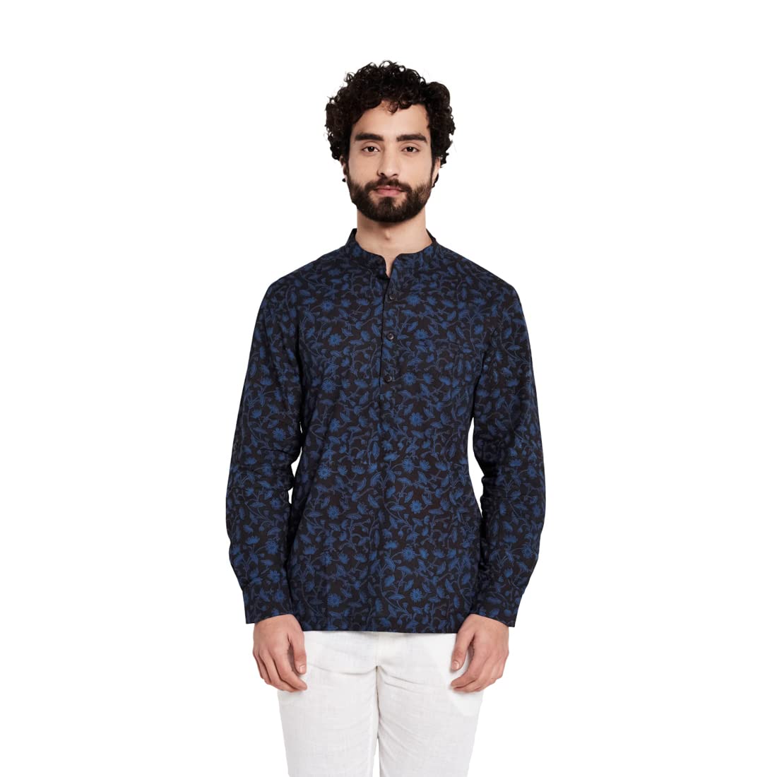 Fabindia Men Printed Slim Fit Kurta Shirt Cotton_S Blue