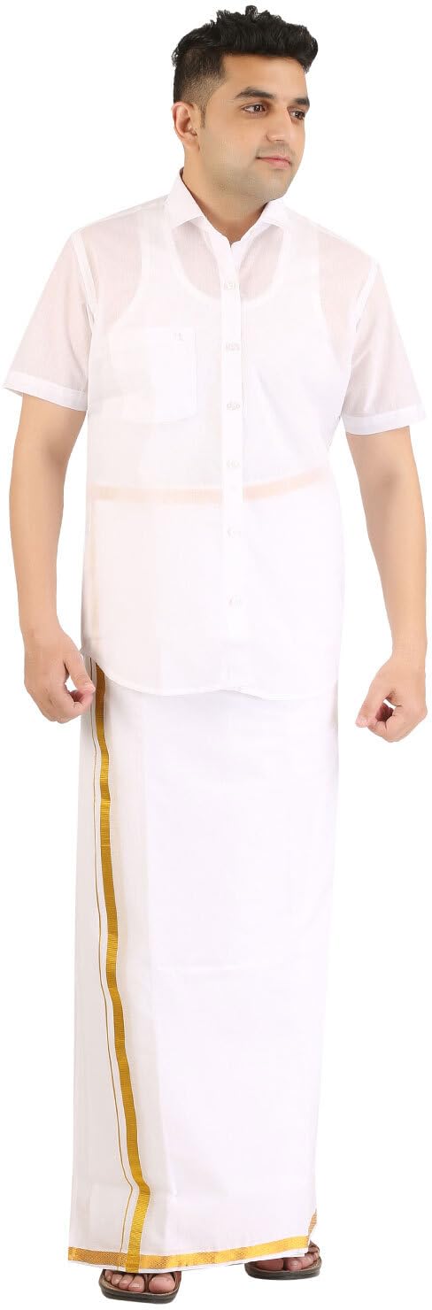 PRAKASAM COTTON Mens Half Sleeve Shirt With Double Dhoti Set