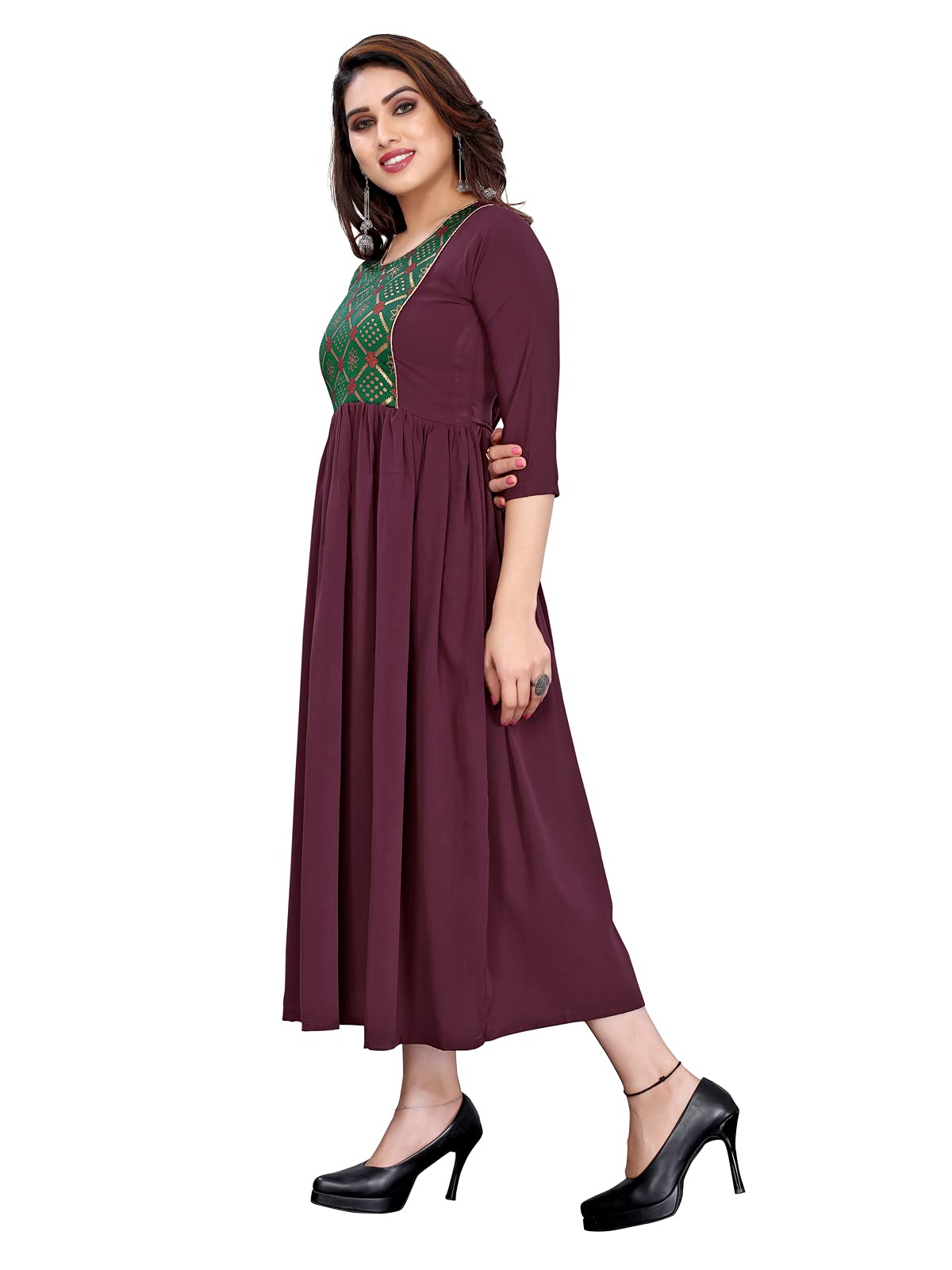 Sanisa Women's Crepe Brocade Patch/Dyed Knee-Length Anarkali Kurta