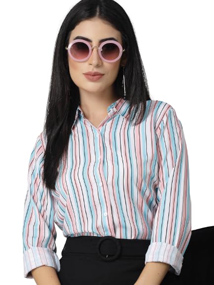 Style Quotient Women Pink and Blue Striped Regular Formal Shirt