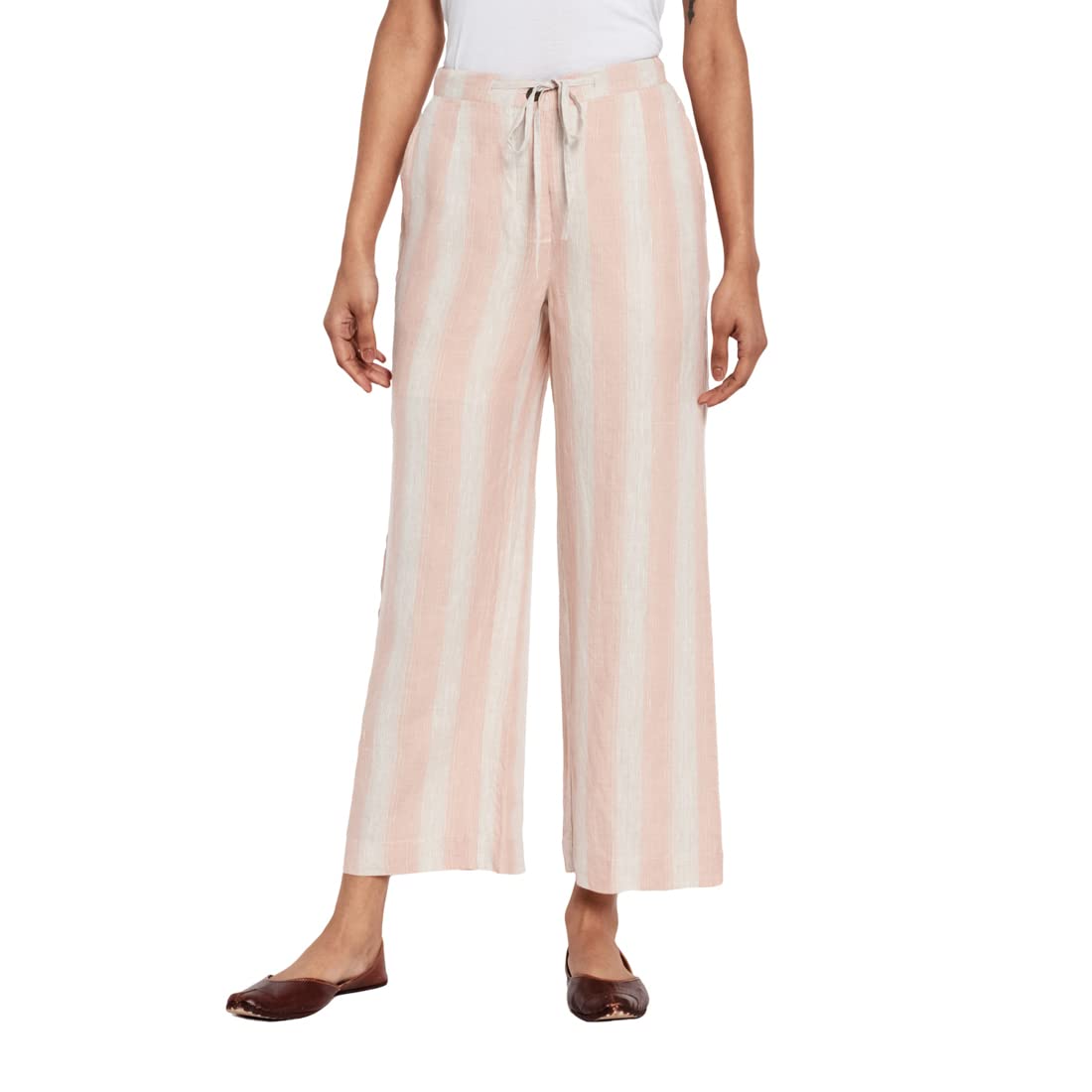 Fabindia Women Striped Casual Pant Linen_L Peach