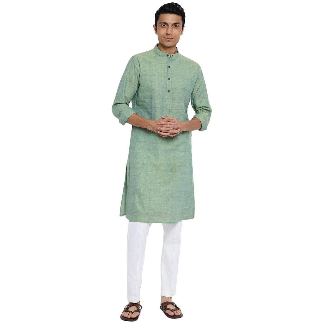Fabindia Men Cotton Chinese Collar Long Kurta Green_Xl