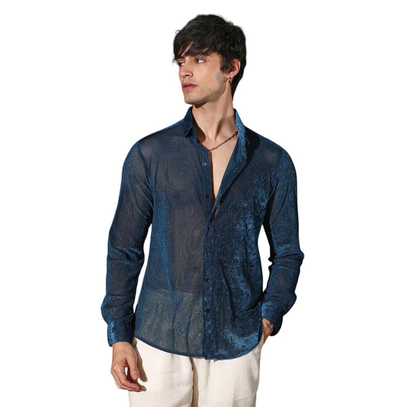 Campus Sutra Mens Midnight Blue Solid Velvet Shirt for Casual Wear | Spread Collar | Long Sleeve | Button Closure | Shirt Craft