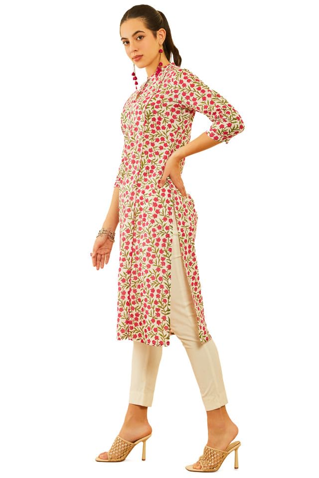Soch Womens Red Cotton Floral Printed Princess Line Panelled Kurta