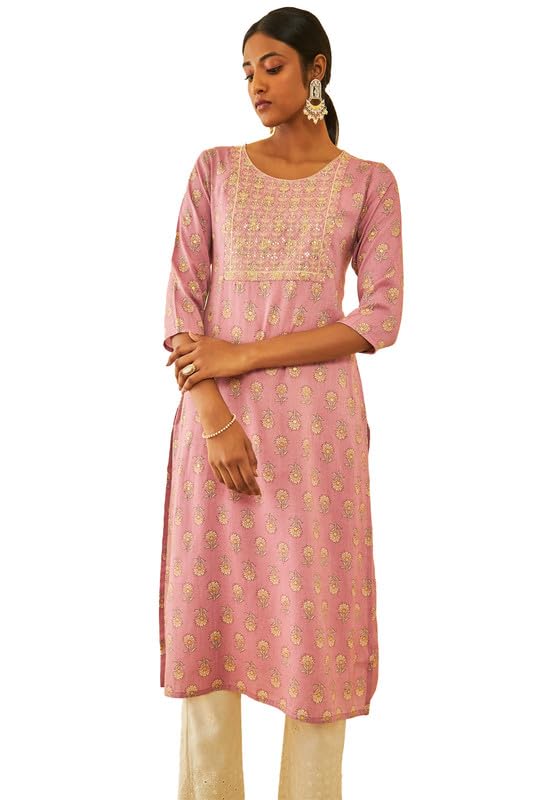 Soch Womens Onion Pink Rayon Floral Printed Straight Kurta with Thread Work