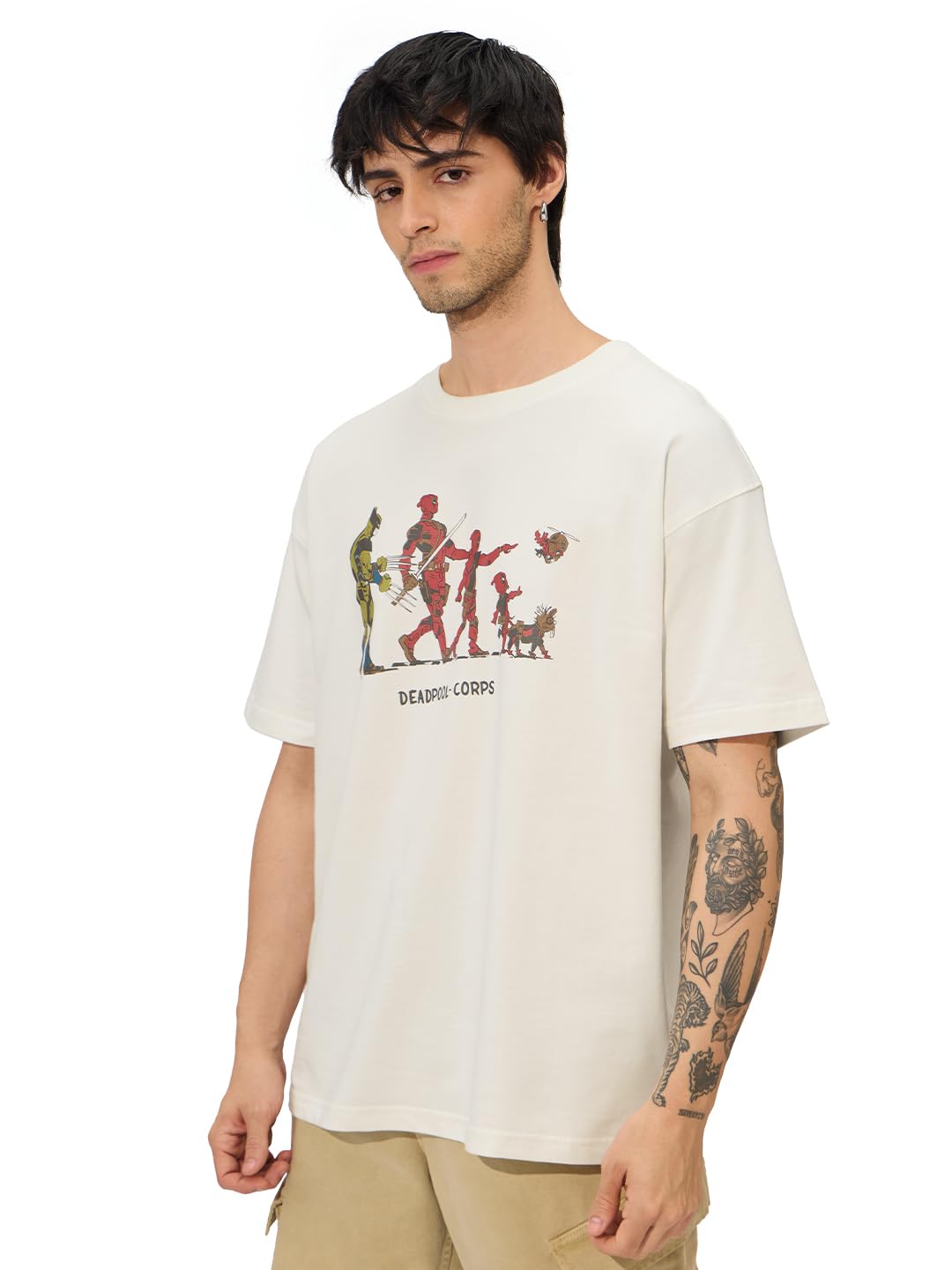 The Souled Store Official Deadpool: Corps Men and Boys Short Sleeves Round Neck White Graphic Printed Cotton Oversized T-Shirts