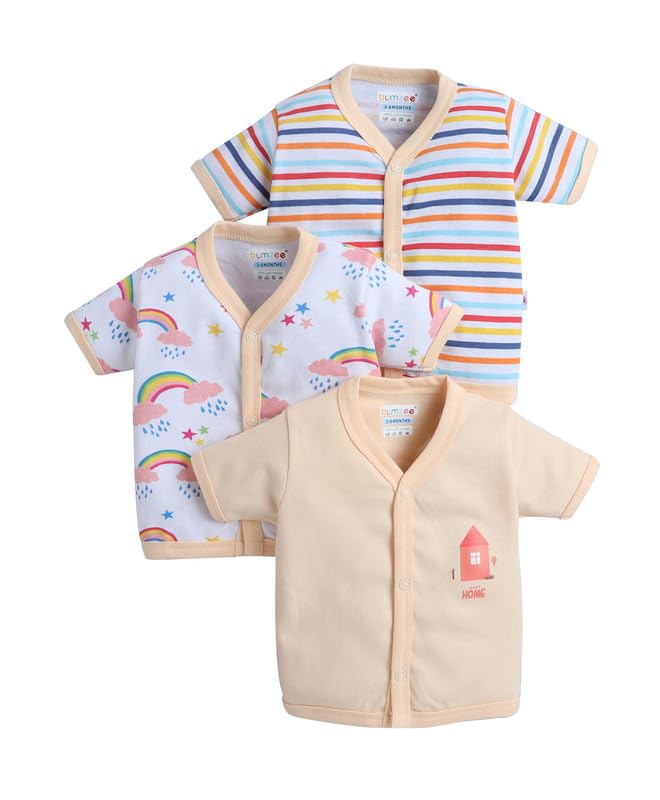 Bumzee Baby Girls Cotton Pack Of 3 Front Open Jablas Half Sleeves Peach & White - 6-9 Months (Peb10537D-Pch)