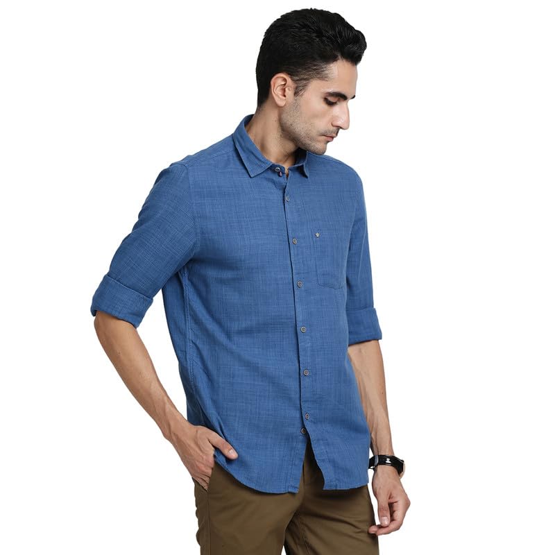 Turtle Men Cotton Lyocell Blue Solid Slim Fit Casual Shirts