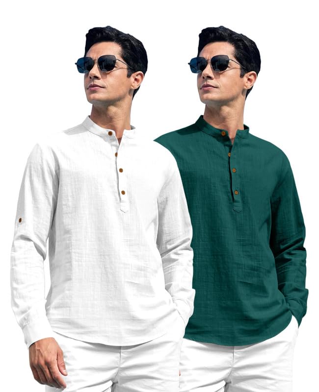 Macsivo Combo Of MenS Cotton Polyester Blend Solid Regular Fit Full Sleeve Short Kurta Pack Of 2 White-Green