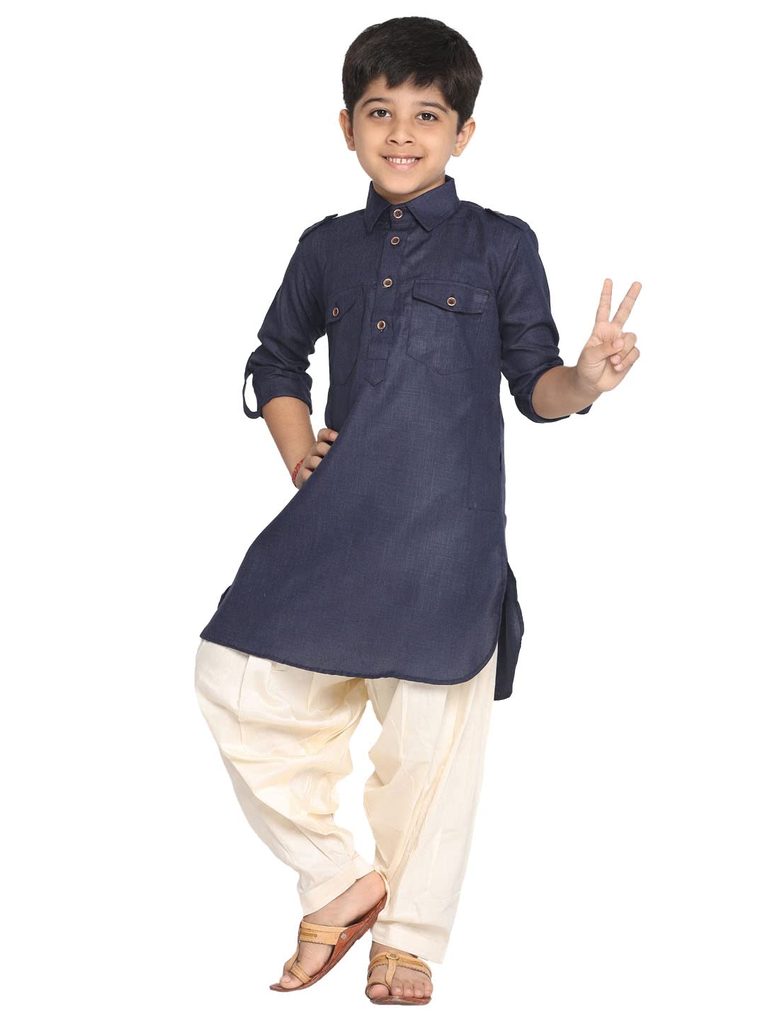 Jbn Creation Boys Navy Blue Cotton Blend Pathani Suit Set