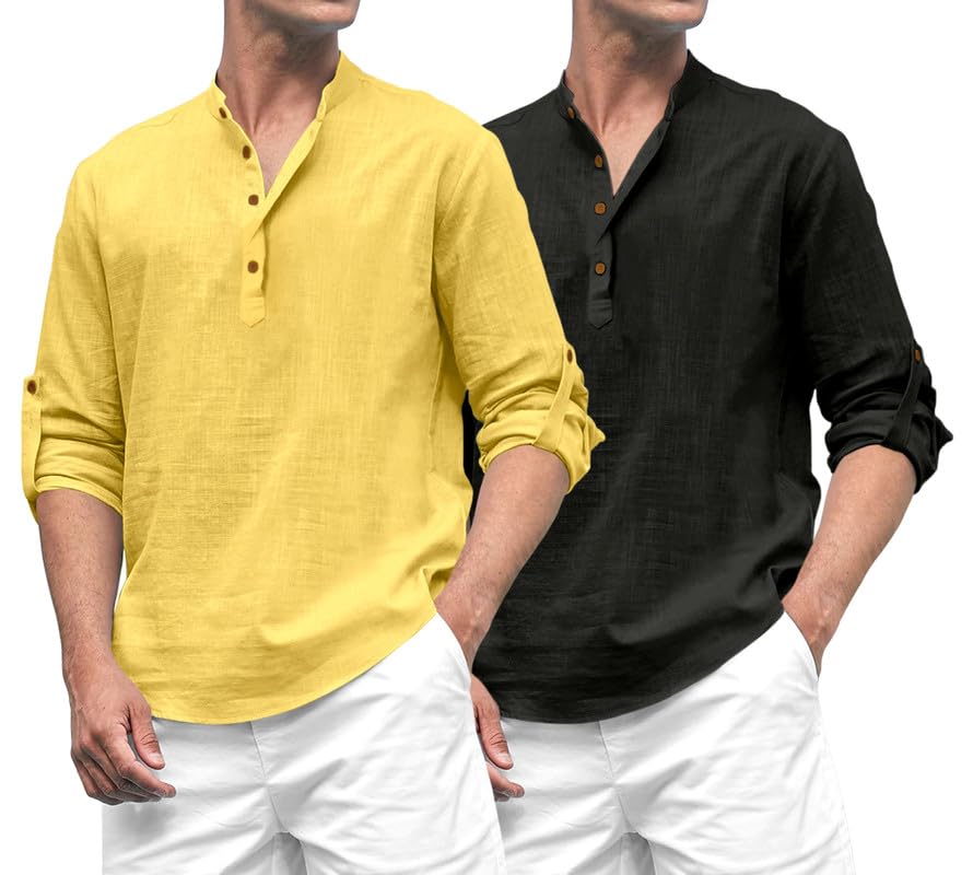 Royalscout Combo Of MenS Solid Cotton Blend Full Sleeve Straight Kurta Shirt (Pack Of 2) Yellow-Black