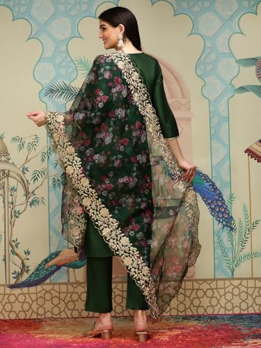 Ishin Green Thread Work Silk Crepe Straight Kurta With Trousers & Dupatta | Kurta Set For Women | Kurta With Trousers And Dupatt