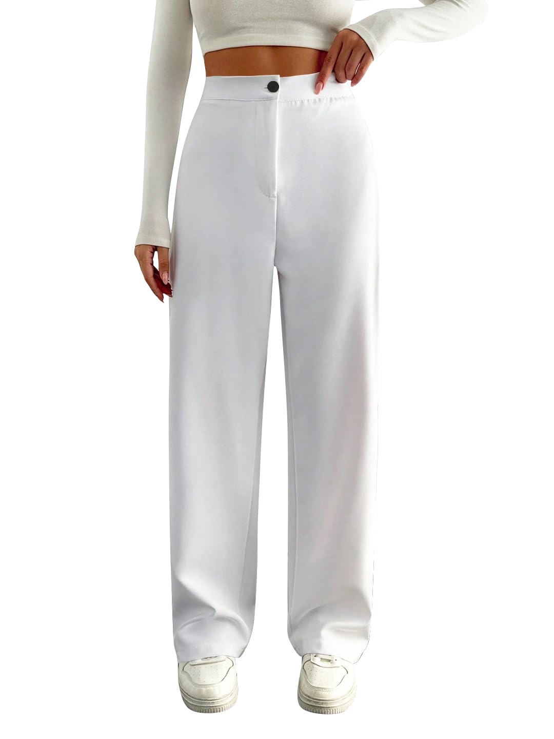 Toochki High Waist Trousers for Women Korean Style Formal Pants | Elegant Workwear for Office, College & Events White