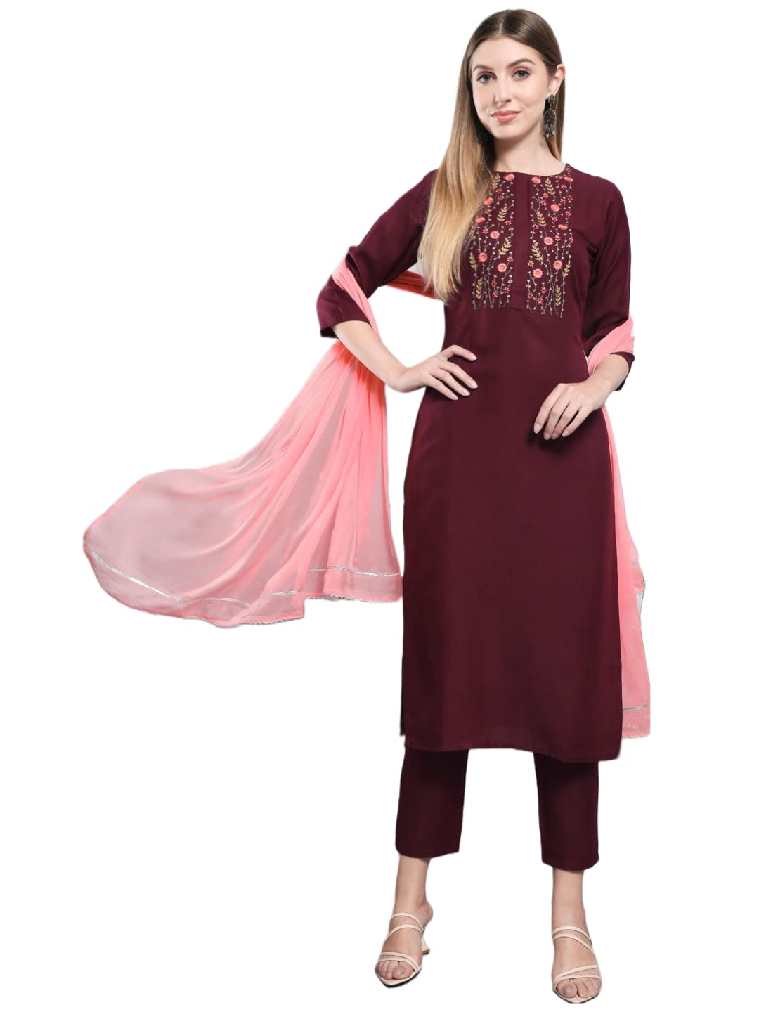 GoSriKi Womens Cotton Blend Solid Straight Kurta with Pants & Dupatta (KOSHA)