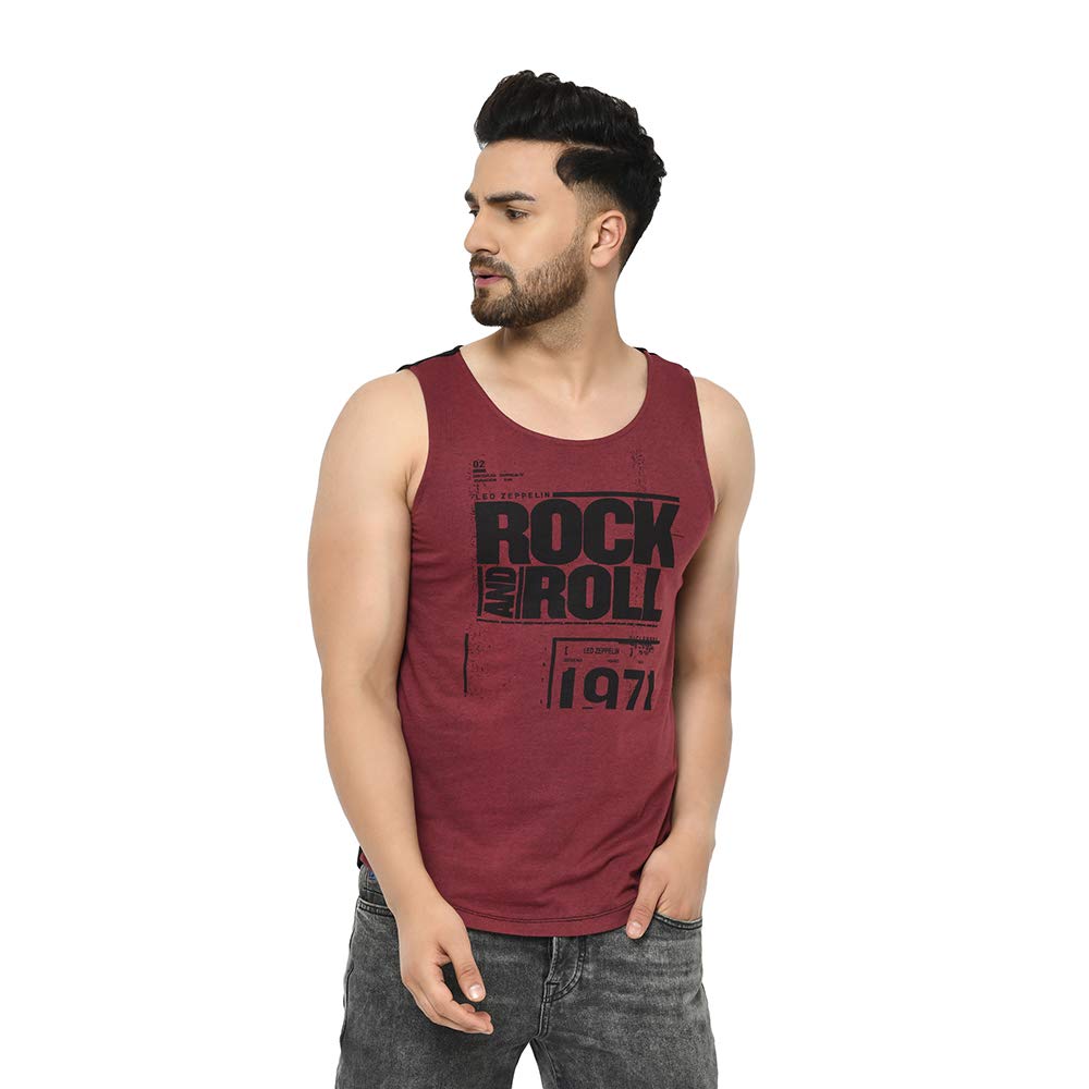 Rigo Men Maroon Black Placement Print with Curved Bottom Cotton Sleeveless T-Shirt Vest | Round Neck Sleeveless Vest
