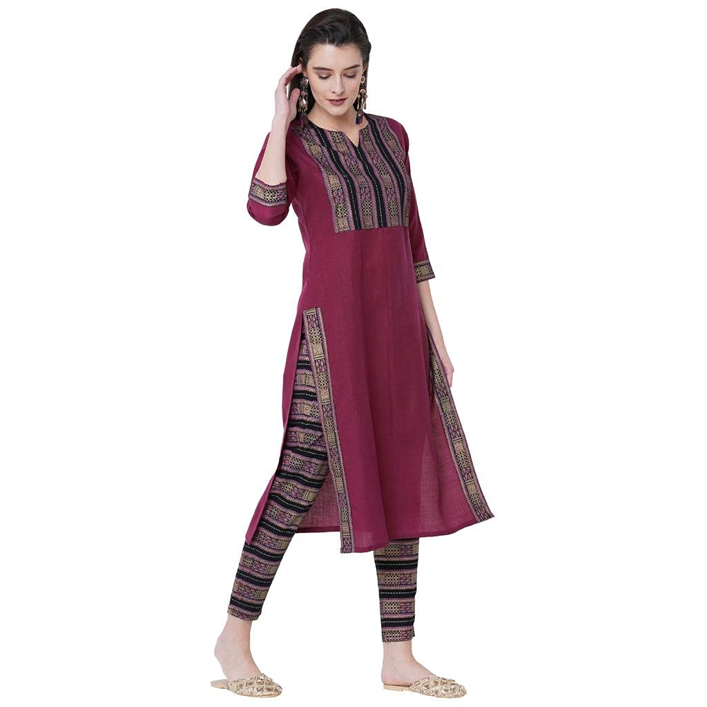 GoSriKi Women's Cotton Straight Kurta with Trousers (Ziya-Wine__)