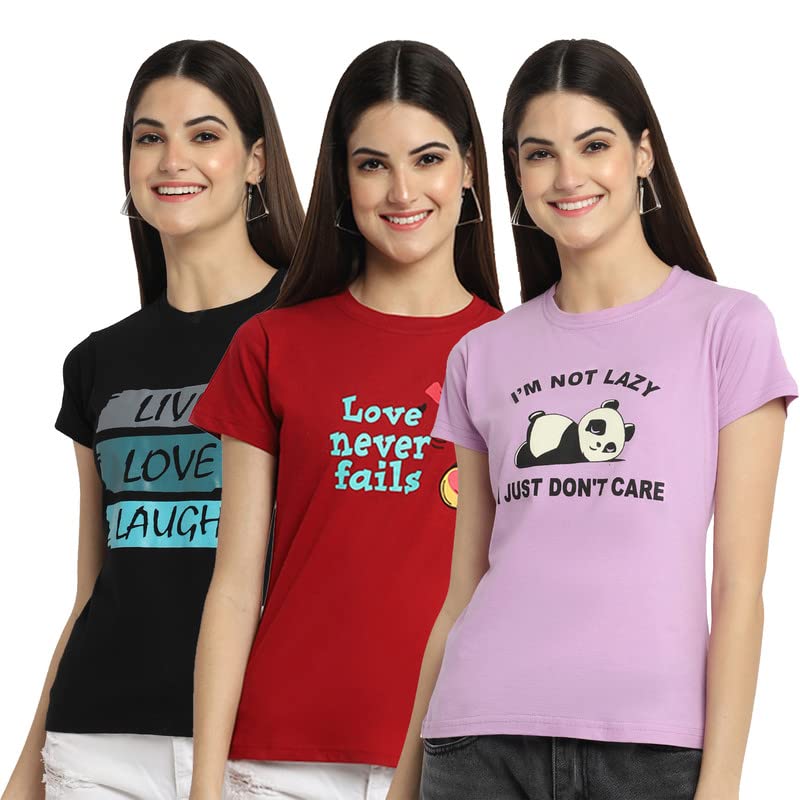 Preneum Womens Cotton Regular Fit Latest Graphic Stylish Printed Short Sleeves Casual T-Shirt (Pack 3), Black & Red & Purple, X