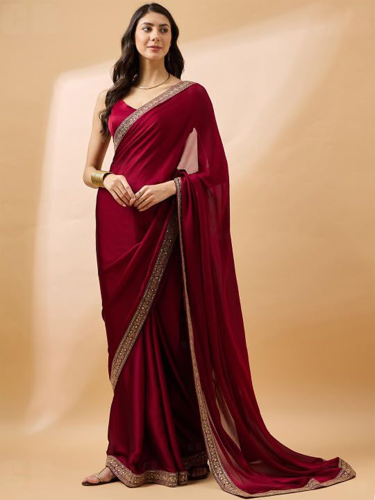 Cb-Colebrook Women'S Soft Satin Saree With Embroidered Sequin Border With Blouse Piece, Traditional Indian Ethnic Wear, Party, W