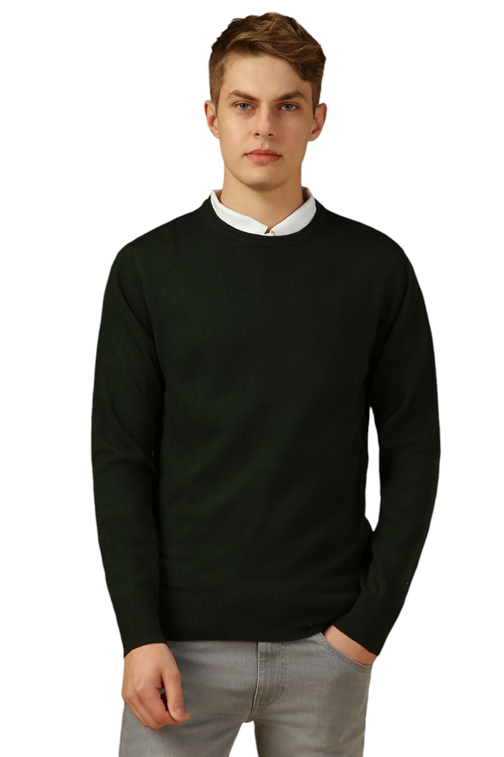 Dennis Lingo Men Green Solid Slim Fit Full Sleeve Crew Pullover Sweater