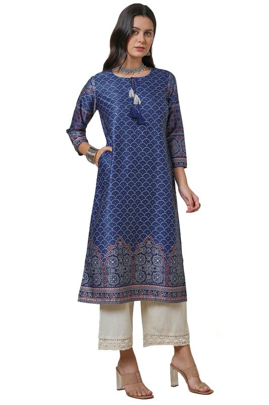 Soch Womens Blue Geometric Print Kurta with Tassels