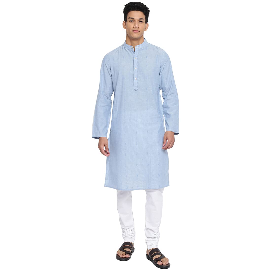 Fabindia Men Cotton Slim Fit Geometric Long Kurta Blue_Xs
