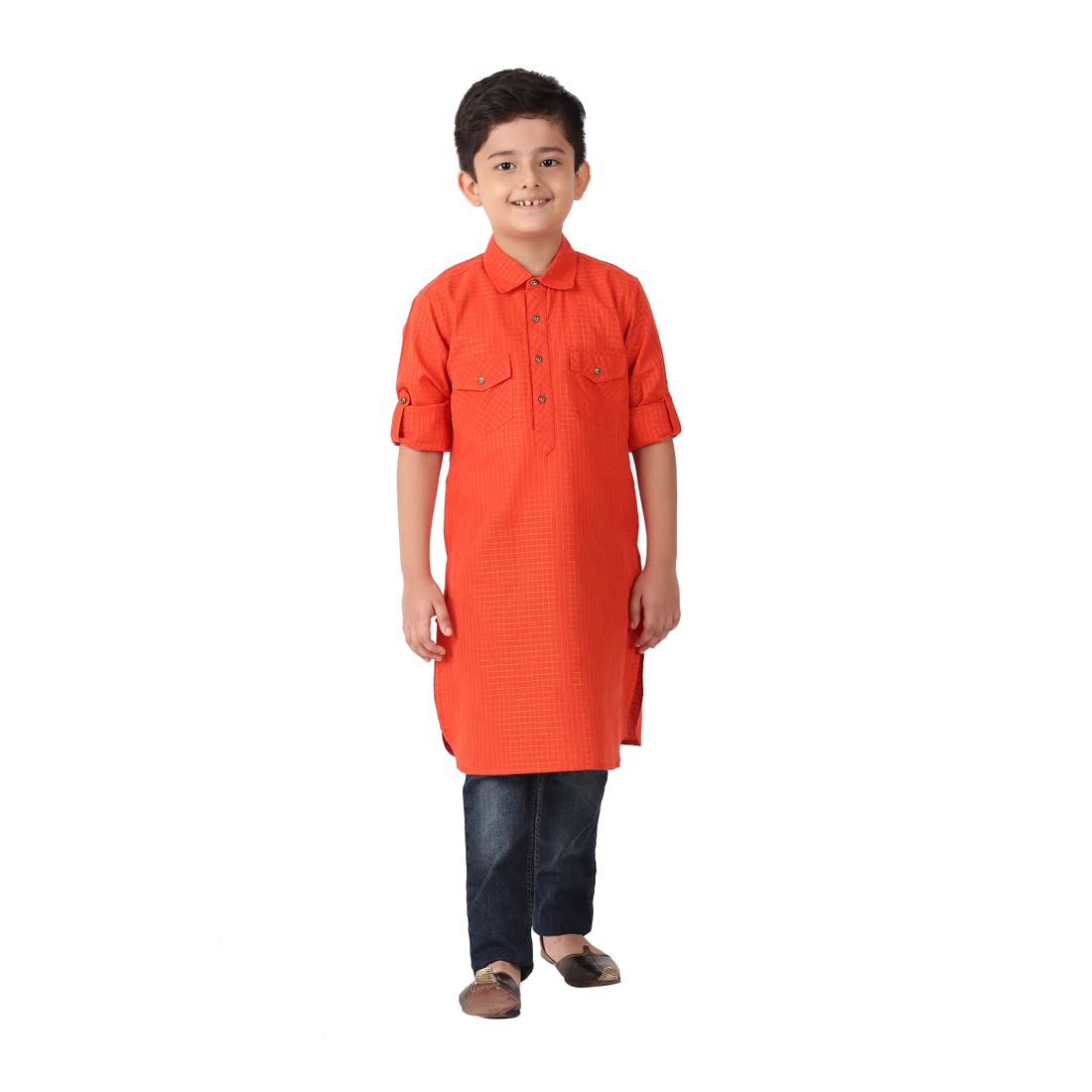 Fabindia Kids Cotton Blend Checks Pathani Orange_3-4Y