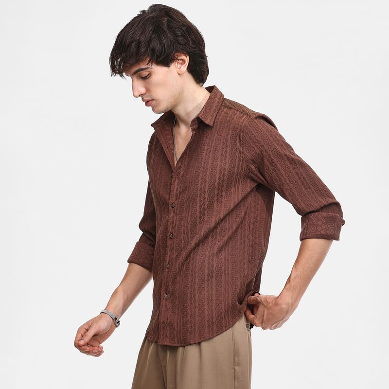 Campus Sutra Mens Chocolate Brown Geometric-Textured Knit Shirt for Casual Wear | Spread Collar | Long Sleeve | Button Closure