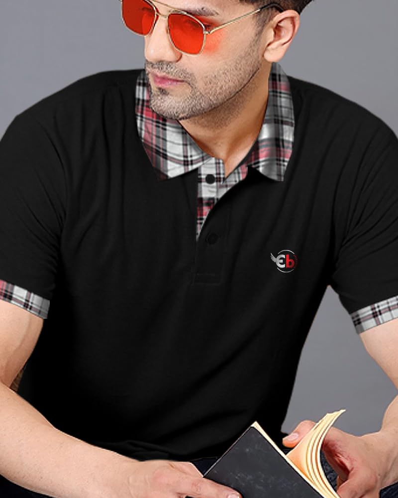 Eyebogler Polo Neck Half Sleeve Printed Casual Tshirt For Men Black Cement Grey